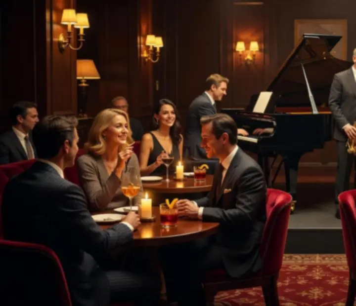 Aranyfényű bárjelenet élő jazz esttel, poharak és koktélok között elegáns vendégekkel