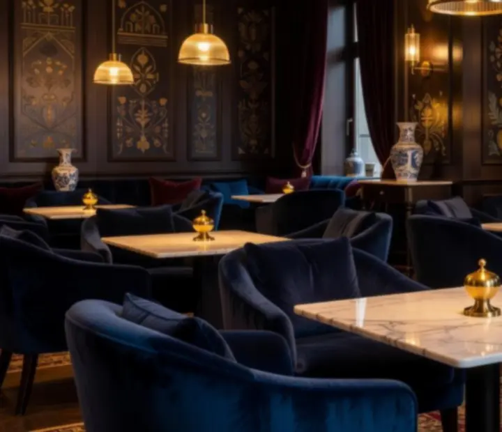Bársonyos lounge belső tér aranyfényű világítással és márványpulttal egy budapesti luxus bor- és koktélbárban