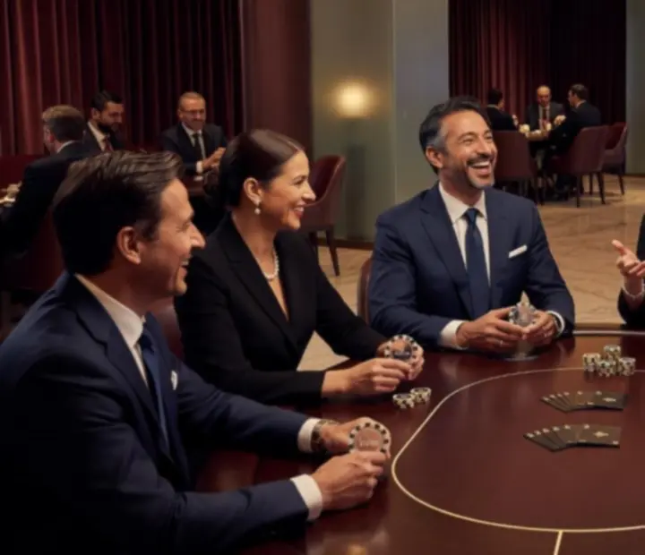 Vállalati poker est elegáns lounge környezetben, szimbolikus zsetonokkal