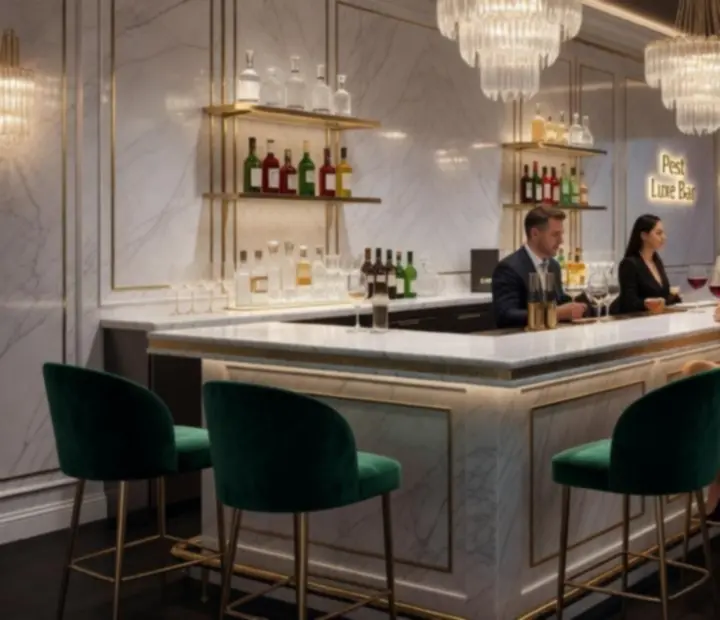 Elegáns bor- és koktélbár belső tér, márványpulttal és bársonyszékekkel Budapest egyik prémium lounge helyszínén