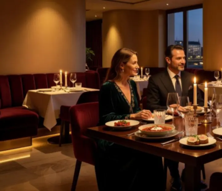 Luxus, gyertyafényes gourmet vacsora asztal prémium tálalással