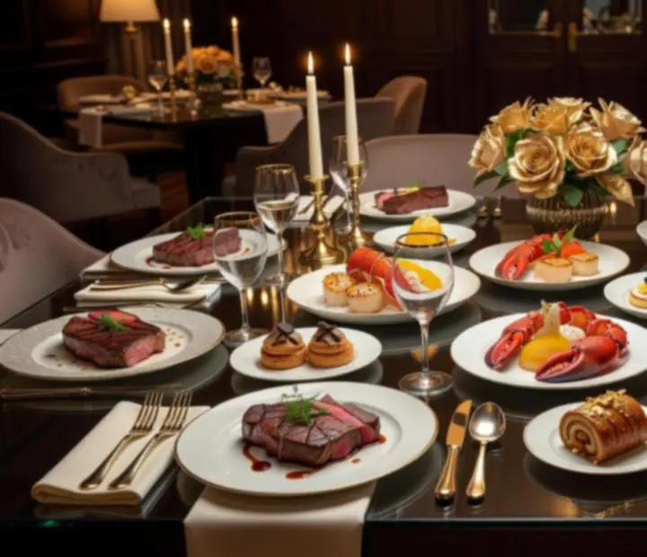 Gourmet fogások üvegasztalon, modern fine dining tálalással