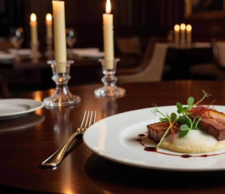 Művészien tálalt gourmet fogás gyertyafényes fine dining környezetben