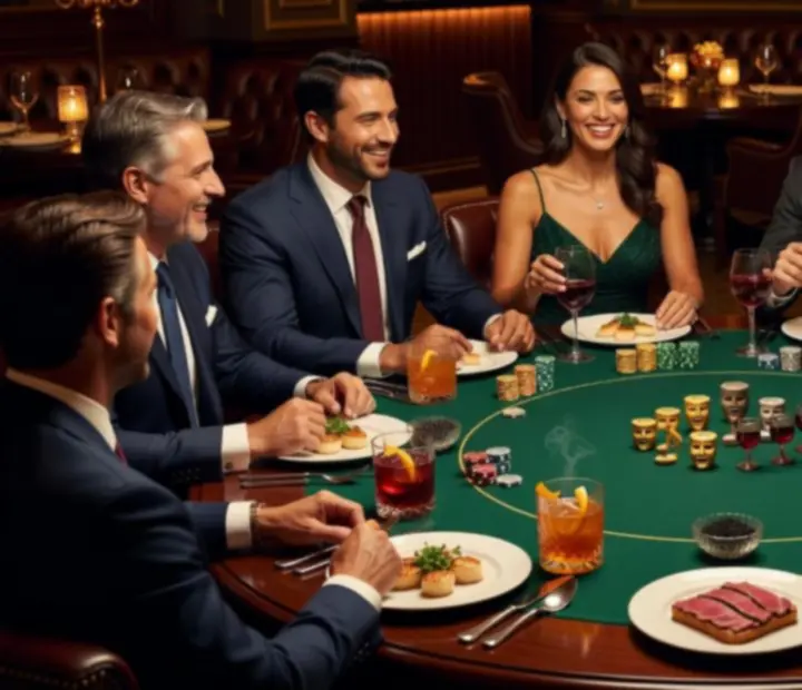 Vendégek poker esten prémium koktélokkal és gourmet fogásokkal