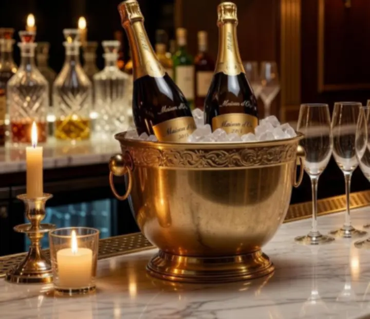 Prémium champagne üvegek és elegáns pezsgőspoharak aranyfényű bárpulton