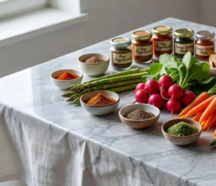 Tavaszi szezonális alapanyagok, friss zöldségek és fűszerek elegáns asztalon